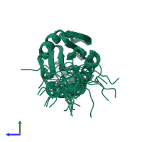 PDB entry 2dmw coloured by chain, ensemble of 20 models, side view.