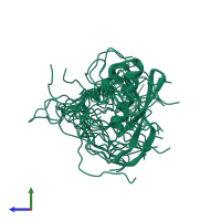 PDB entry 2dmy coloured by chain, ensemble of 20 models, side view.
