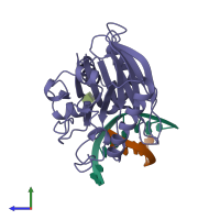 PDB entry 2dnj coloured by chain, side view.