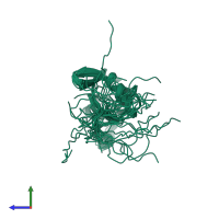 PDB entry 2dnl coloured by chain, ensemble of 20 models, side view.