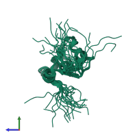 PDB entry 2dnn coloured by chain, ensemble of 20 models, side view.