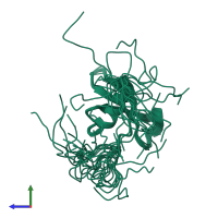 PDB entry 2dnt coloured by chain, ensemble of 20 models, side view.