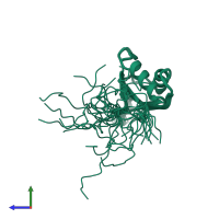 PDB entry 2dnz coloured by chain, ensemble of 20 models, side view.