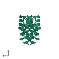 Homo dimeric assembly 2 of PDB entry 2dob coloured by chemically distinct molecules, side view.