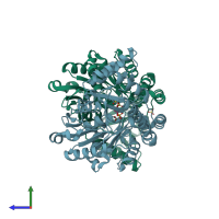 PDB entry 2dou coloured by chain, side view.