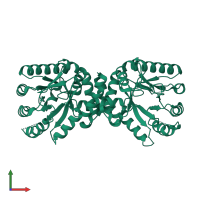 Homo dimeric assembly 1 of PDB entry 2dqw coloured by chemically distinct molecules, front view.