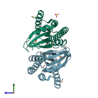 PDB entry 2drv coloured by chain, side view.