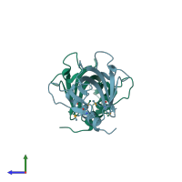 PDB entry 2dtc coloured by chain, side view.