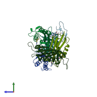 PDB entry 2dtt coloured by chain, side view.