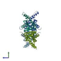 PDB entry 2dum coloured by chain, side view.