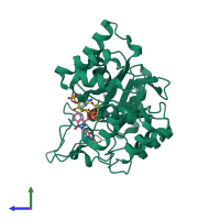 PDB entry 2dv0 coloured by chain, side view.