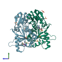 PDB entry 2dv4 coloured by chain, side view.