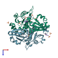 PDB entry 2dv4 coloured by chain, top view.