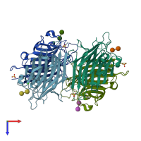 PDB entry 2dvd coloured by chain, top view.