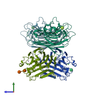 PDB entry 2dvg coloured by chain, side view.