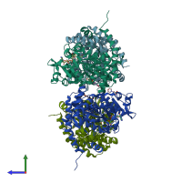 PDB entry 2dvm coloured by chain, side view.