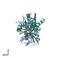 PDB entry 2dvn coloured by chain, side view.