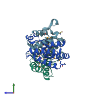 PDB entry 2dvs coloured by chain, side view.