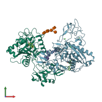 PDB entry 2dw0 coloured by chain, front view.