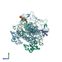 PDB entry 2dw0 coloured by chain, side view.