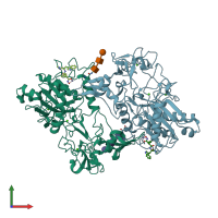PDB entry 2dw1 coloured by chain, front view.