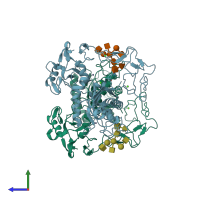 PDB entry 2dw2 coloured by chain, side view.