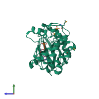 PDB entry 2dwb coloured by chain, side view.