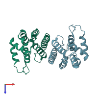 PDB entry 2dwg coloured by chain, top view.