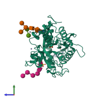 PDB entry 2dwi coloured by chain, side view.