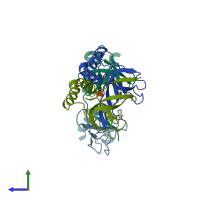 PDB entry 2dwn coloured by chain, side view.