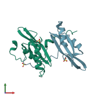PDB entry 2dx0 coloured by chain, front view.