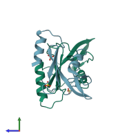 PDB entry 2dx0 coloured by chain, side view.