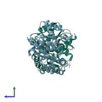 PDB entry 2dx7 coloured by chain, side view.