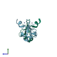 PDB entry 2dx8 coloured by chain, side view.