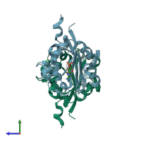 PDB entry 2dxd coloured by chain, side view.