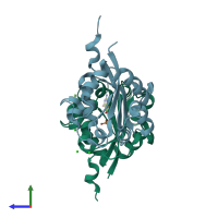 PDB entry 2dxe coloured by chain, side view.