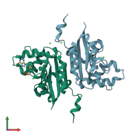 PDB entry 2dxf coloured by chain, front view.