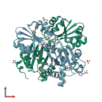 PDB entry 2dxw coloured by chain, front view.