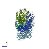 PDB entry 2dy3 coloured by chain, side view.