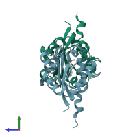 PDB entry 2dy9 coloured by chain, side view.