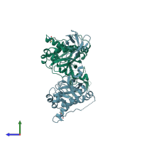 PDB entry 2dyb coloured by chain, side view.