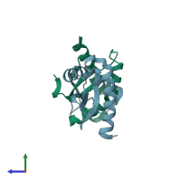 PDB entry 2dyj coloured by chain, side view.