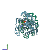 PDB entry 2dyk coloured by chain, side view.