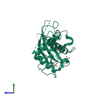 PDB entry 2dyt coloured by chain, side view.