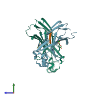 PDB entry 2dze coloured by chain, side view.