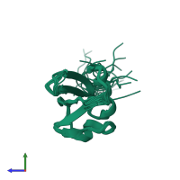 PDB entry 2dzi coloured by chain, ensemble of 20 models, side view.