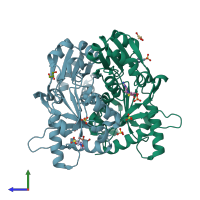 PDB entry 2e15 coloured by chain, side view.
