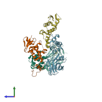 PDB entry 2e32 coloured by chain, side view.