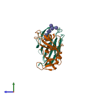 PDB entry 2e33 coloured by chain, side view.