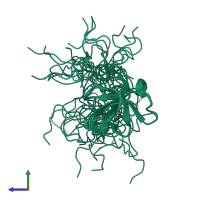 PDB entry 2e5k coloured by chain, ensemble of 20 models, side view.